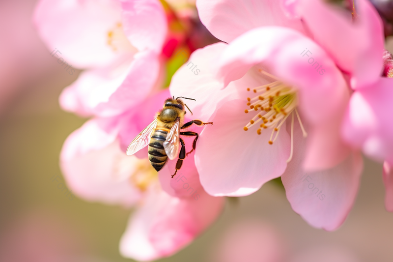 粉色海棠盛开黄色蜜蜂忙碌春日赏花,高清,摄影图,摄影图片,图片大全,摄影图免费下载